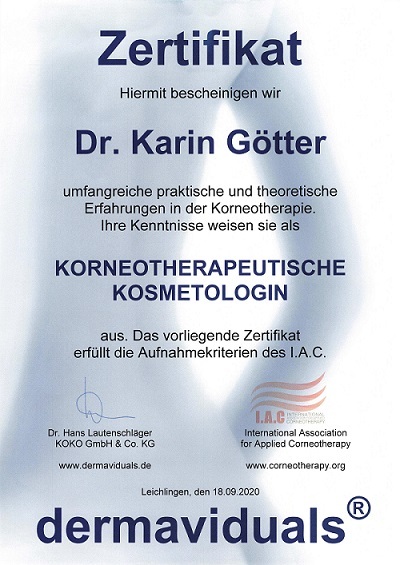 Zertifikat dermaviduals Korneotherapie Kosmetologin
